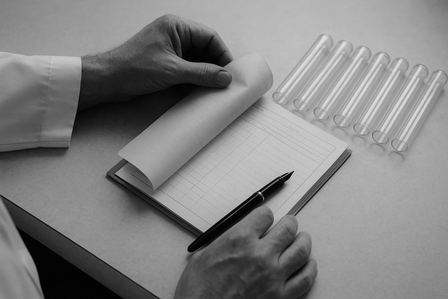 Détail du comptoir d'ordonnances — carnet ouvert, plume, tubes alignés.